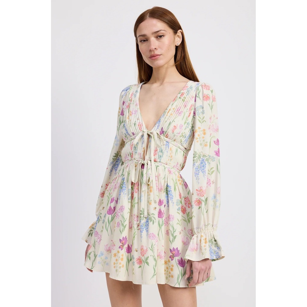 En Saison Mirobella Bee Print Pleated‎ Mini Dress Cream Multi Long Sleeve XS NEW